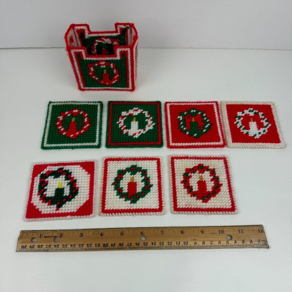 7 Vintage Christmas Holiday Plastic Canvas Coasters w Holder Yarn Candle Design - Picture 5 of 11